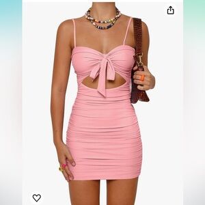 Pink ruched mini dress with tie